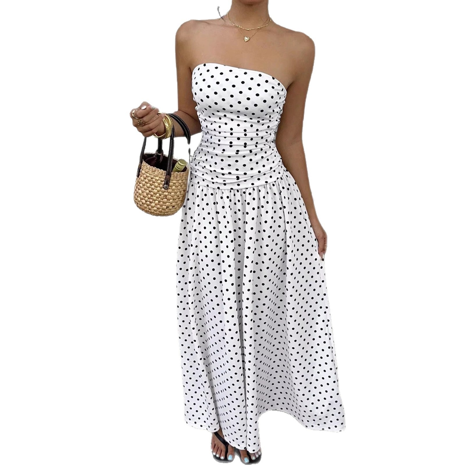 Elegant Polka-dot Off-shoulder Dresses Solid Color Strapless Lady High-waist Robe Commuting Party Business Beach Holiday Outfit