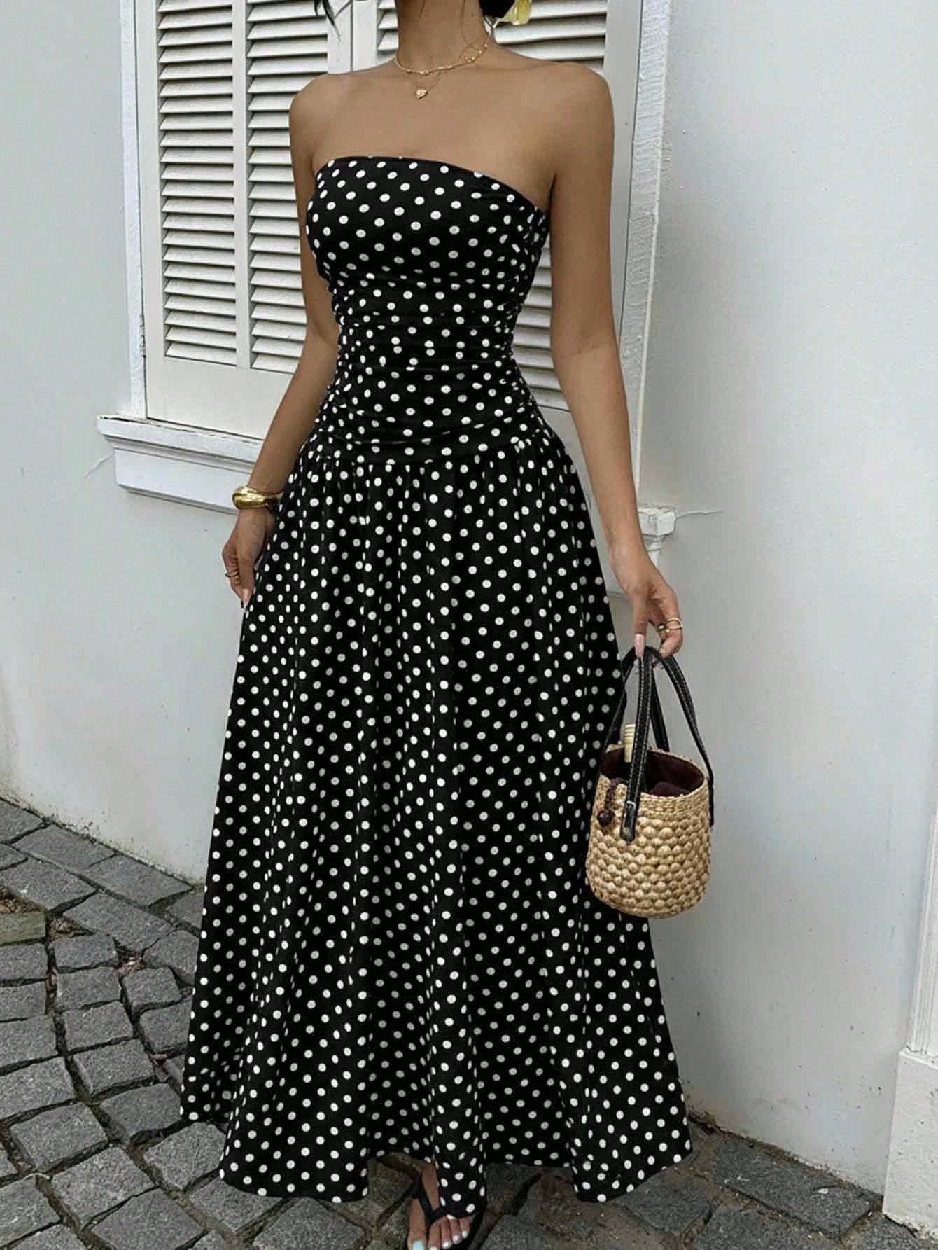 Elegant Polka-dot Off-shoulder Dresses Solid Color Strapless Lady High-waist Robe Commuting Party Business Beach Holiday Outfit