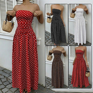 Elegant Polka-dot Off-shoulder Dresses Solid Color Strapless Lady High-waist Robe Commuting Party Business Beach Holiday Outfit