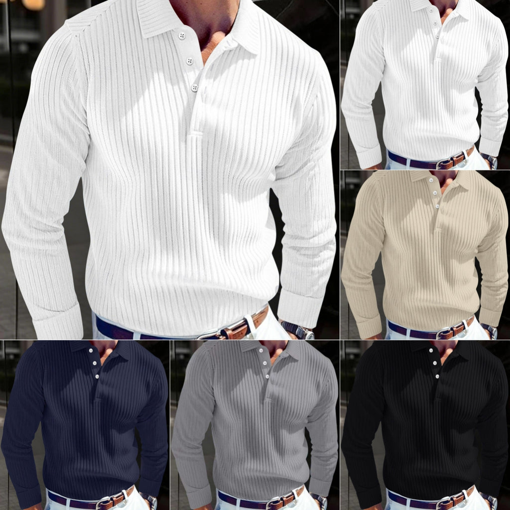 Men's Polo T-shirt With A Turn-down Collar Spring Summer Business Buttoned Long-sleeve Sports Retro Style Striped Polo Shirt For Daily Wear