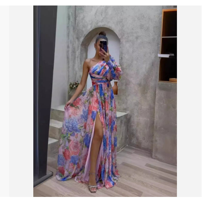 Floral Print Split Maxi Dress Fashion Sexy One-shoulder Long-sleeved Dresses Summer Beach Clothing For Women