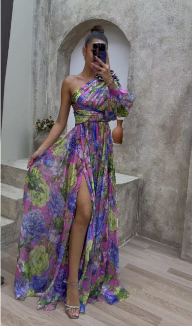 Floral Print Split Maxi Dress Fashion Sexy One-shoulder Long-sleeved Dresses Summer Beach Clothing For Women