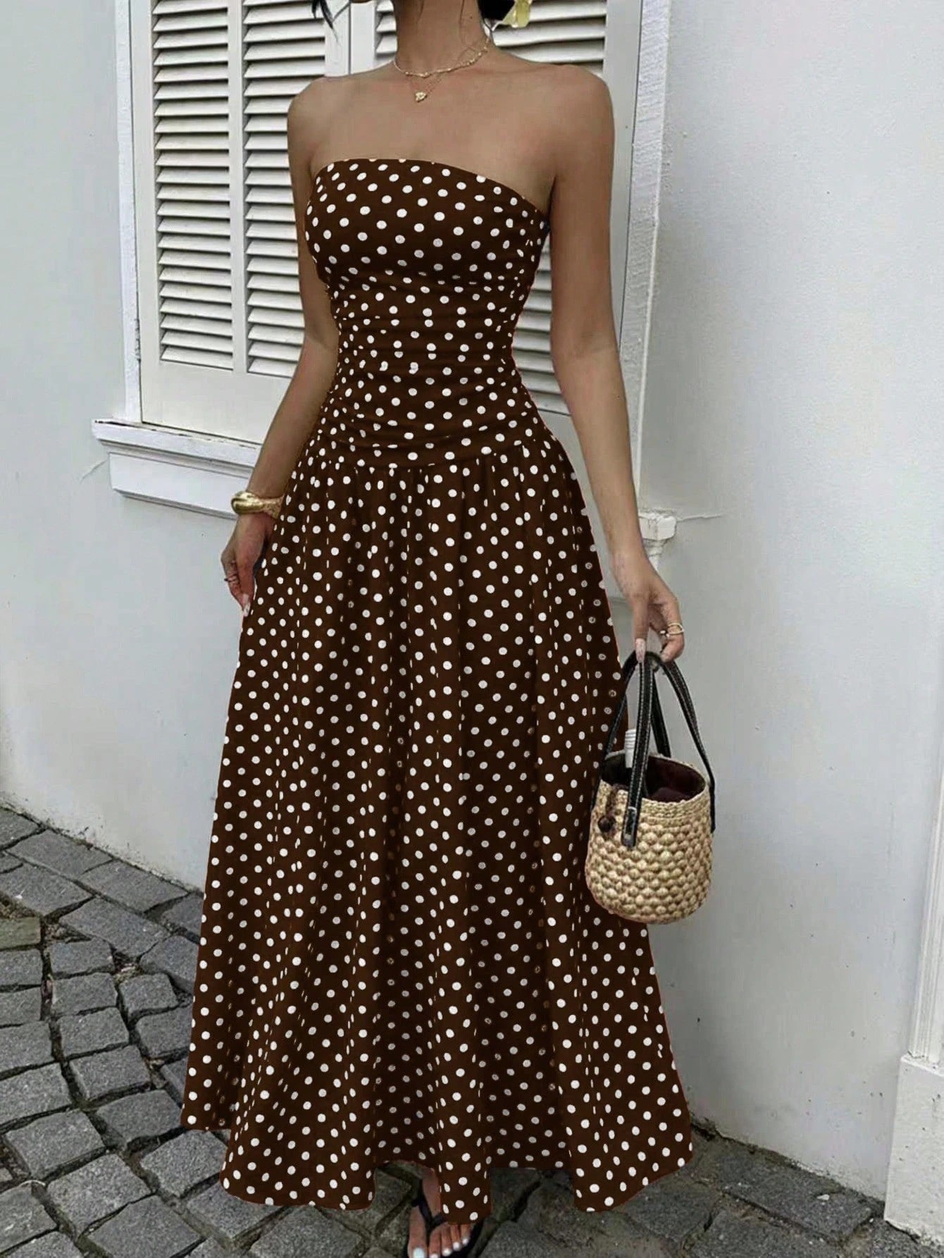 Elegant Polka-dot Off-shoulder Dresses Solid Color Strapless Lady High-waist Robe Commuting Party Business Beach Holiday Outfit