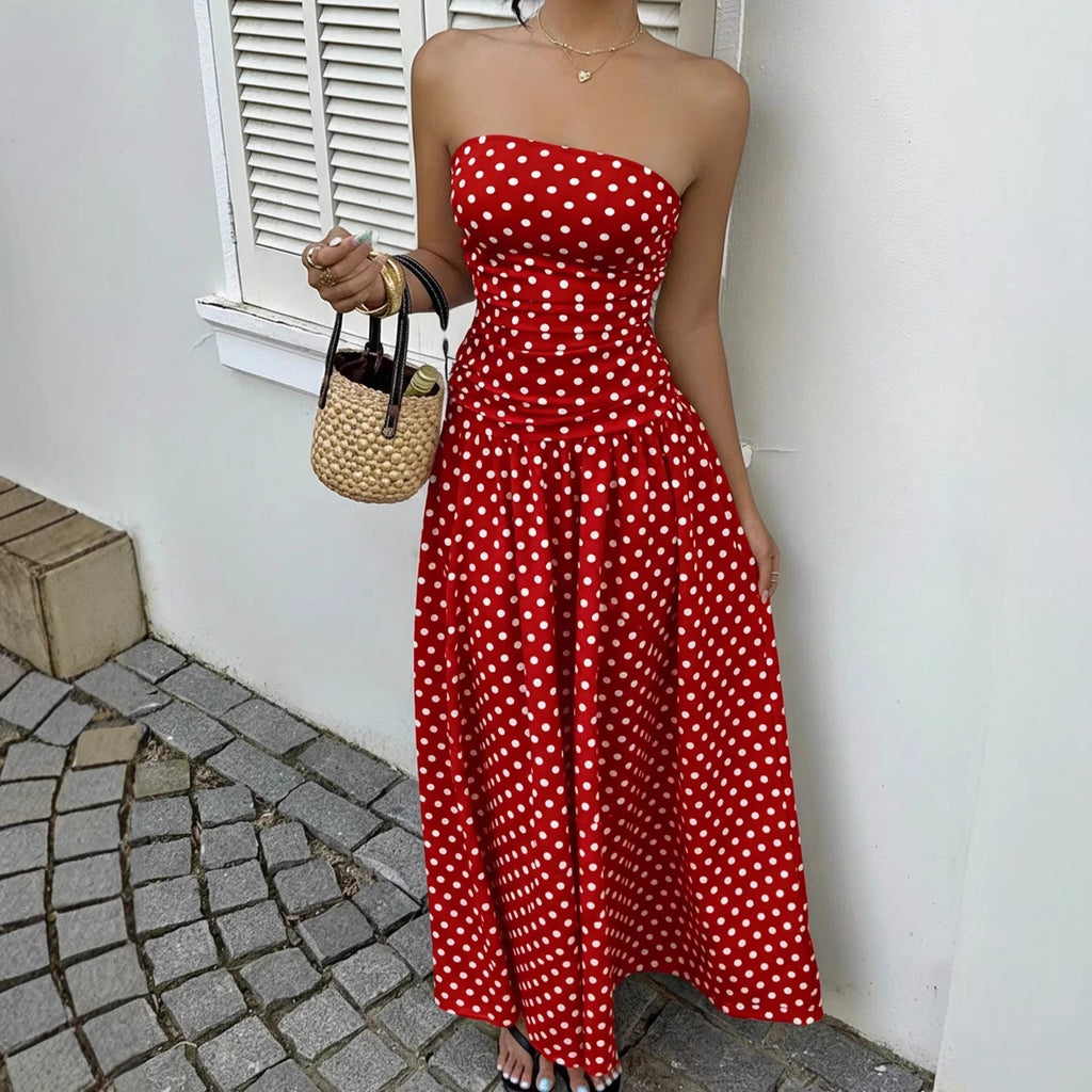 Elegant Polka-dot Off-shoulder Dresses Solid Color Strapless Lady High-waist Robe Commuting Party Business Beach Holiday Outfit