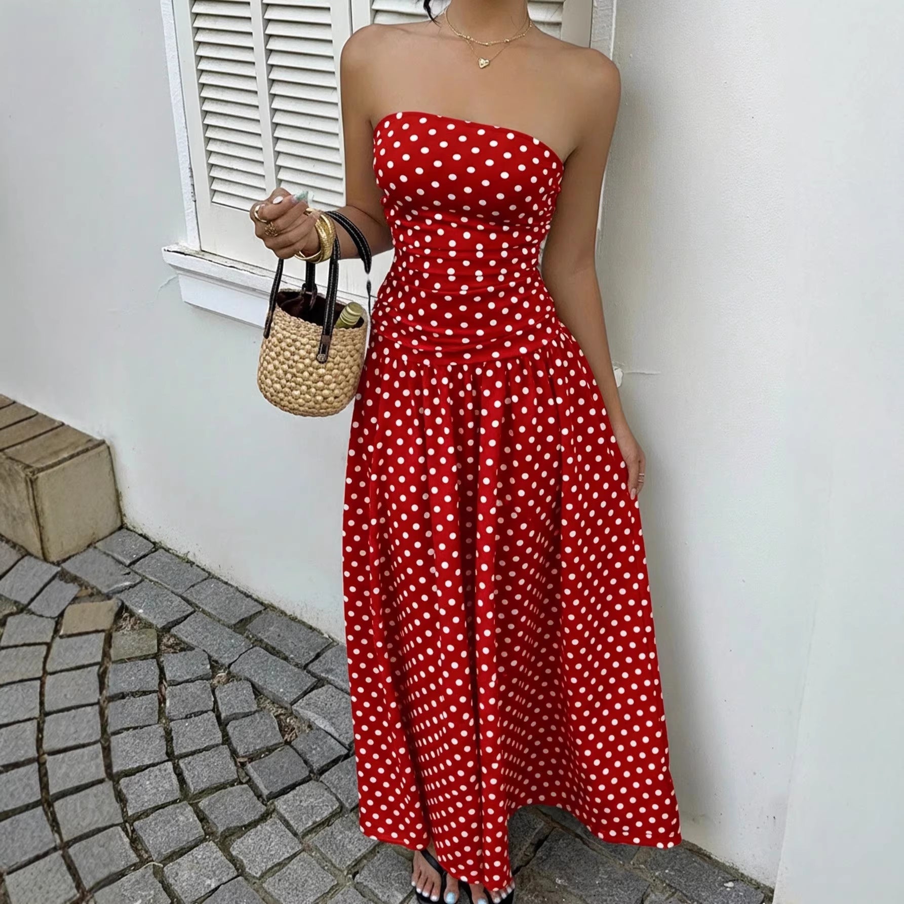 Elegant Polka-dot Off-shoulder Dresses Solid Color Strapless Lady High-waist Robe Commuting Party Business Beach Holiday Outfit