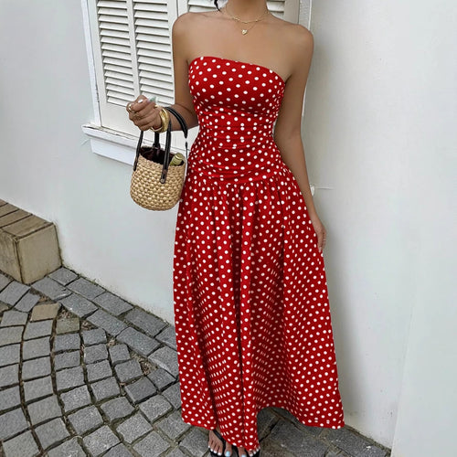 Elegant Polka-dot Off-shoulder Dresses Solid Color Strapless Lady High-waist Robe Commuting Party Business Beach Holiday Outfit