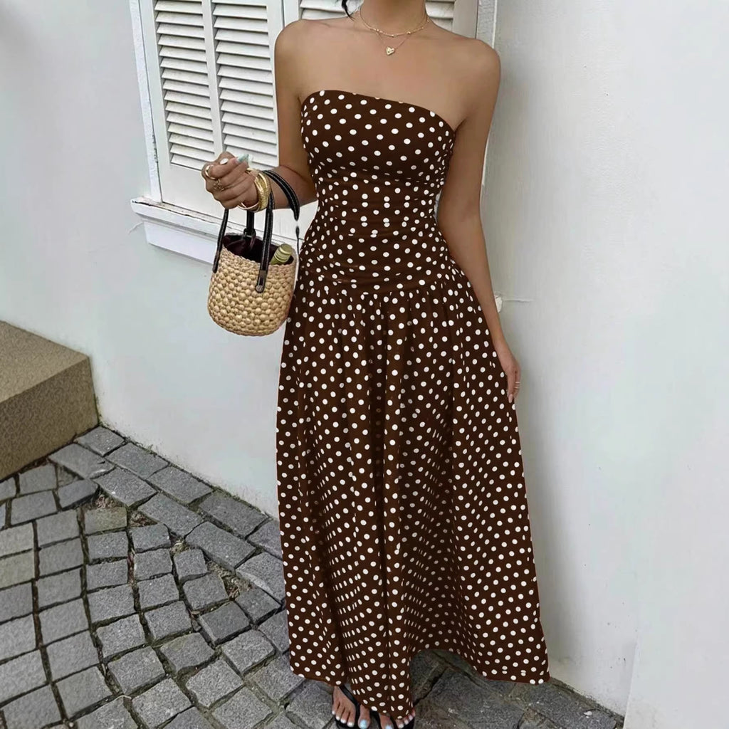 Elegant Polka-dot Off-shoulder Dresses Solid Color Strapless Lady High-waist Robe Commuting Party Business Beach Holiday Outfit
