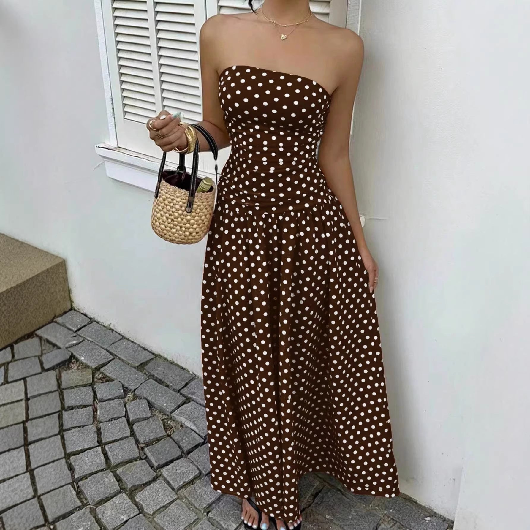 Elegant Polka-dot Off-shoulder Dresses Solid Color Strapless Lady High-waist Robe Commuting Party Business Beach Holiday Outfit