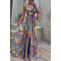Floral Print Split Maxi Dress Fashion Sexy One-shoulder Long-sleeved Dresses Summer Beach Clothing For Women