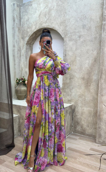 Floral Print Split Maxi Dress Fashion Sexy One-shoulder Long-sleeved Dresses Summer Beach Clothing For Women