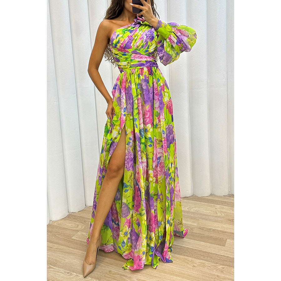 Floral Print Split Maxi Dress Fashion Sexy One-shoulder Long-sleeved Dresses Summer Beach Clothing For Women